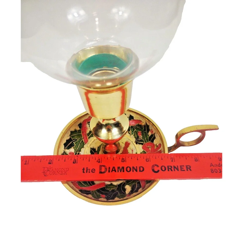Vintage Brass Chamber Candlestick Holder Painted Enamel Holly Berry Glass Globe